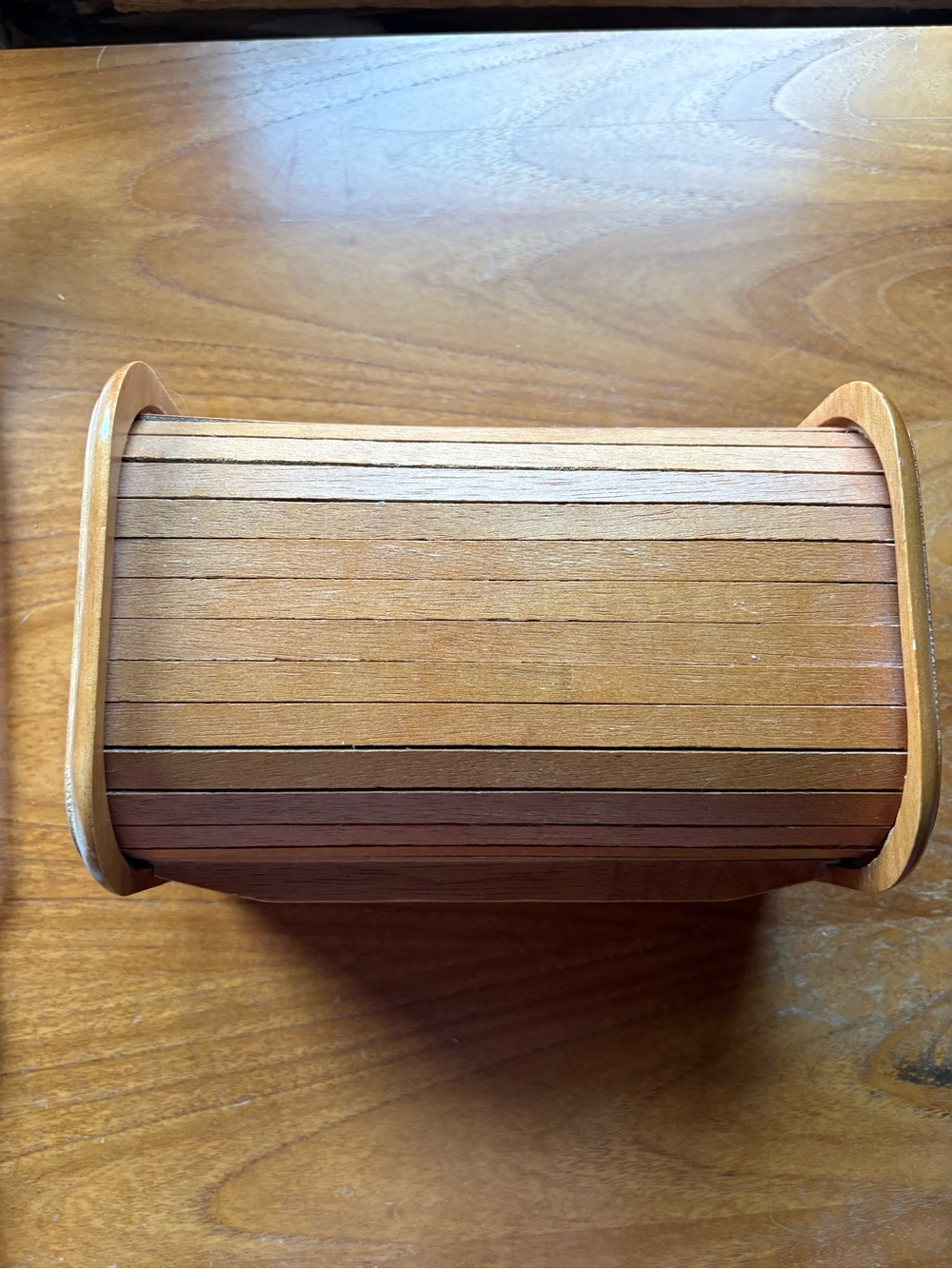 1970s Mid Century Modern Teak Wood Tambour Recipe Box or Desktop Organizer